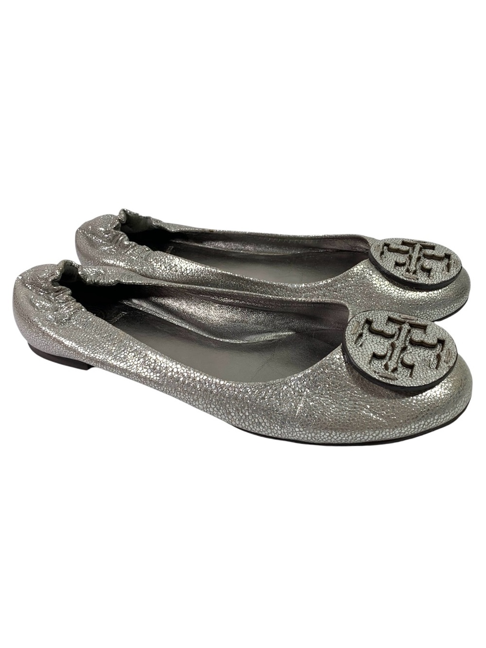Tory Burch Reva Silver Metallic Tumbled Pebbled Leather Flats Size 10 M Travel
